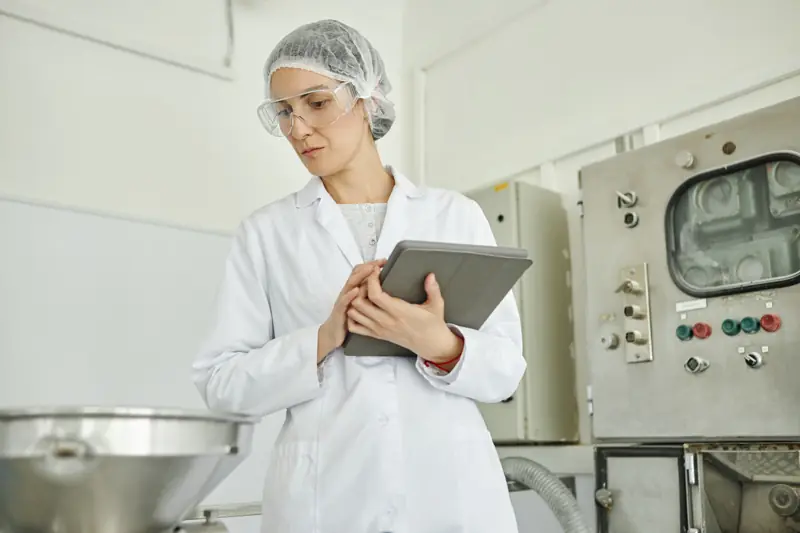 Una responsabile qualità con il tablet in mano tra le macchine del laboratorio
